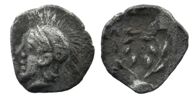 Aeolis, Elaia AR Hemiobol. Circa 350-320 BC. 
Helmeted head of Athena left, pell...