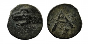 ARGOLIS, Argos. Circa 330-300 BC. AE 
Head of wolf left
Rev: Large A; K-K flanking, Corinthian helmet below
HGC 5, 707
1,26 gr. 13 mm