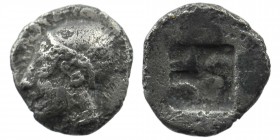 Ionia, AR Diobol Phokaia ca. 5 century BC. 
Head of Athena (?) left, wearing close-fitting helmet and earring /irregular incuse. 
SNG.Kayhan-522.
1,23...