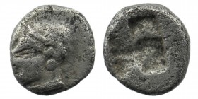 Ionia, Phokaia. Ca. 521-478 B.C. AR obol.
Archaic female head left / Quadripartite incuse square. 
Klein 452-3. VF.
0,70 gr. 9 mm