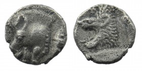 Mysia, Kyzikos AR Hemiobol. Circa 450-400 BC. 
Forepart of boar left; tunny upward to right. 
Rev: Head of roaring lion left, with star to left; all w...