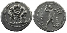 PISIDIA. Selge. Circa 325-250 BC. Stater AR
Obv: Two wrestlers beginning to grapple with each other; between them, AΛ. 
Rev. ΣEΛΓEΩN Slinger striding ...
