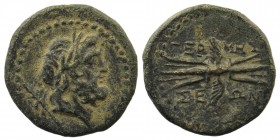 LYCIA. Termessos Minor circa 100-0 BC. AE
Laureate head of Zeus right, scepter with taenia behind, within dotted circle 
Rev: ΤΕΡ-ΜΗΣ-ΣΕ-ΩΝ; winged th...