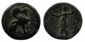 PAMPHYLIA. Perge. Ae (Circa 260-230 BC).
Obv: Sphinx seated right, wearing kalathos.
Rev: ... ΠPEIIAΣ.
Artemis standing left, holding wreath and scept...