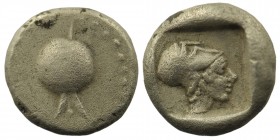 PAMPHYLIA, Side. Circa 460-430 BC. AR Third Stater .
Obv: Pomegranate
Rev: Head of Athena right, wearing Corinthian helmet, all within incuse square. ...