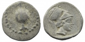 PAMPHYLIA, Side. Circa 460-430 BC. AR Obol 
Obv: Pomegranate 
Rev: Helmeted head of Athena right within incuse square. 
SNG Cop. 387; SNG von Aulock 4...