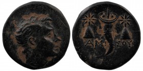 Pontos. Amisos. Sinope. Ae. Struck under Mithradates VI Circa 120-111
Draped and winged bust of Perseus right
Rev: AMI - ΣOY/ Cornucopia between pileo...