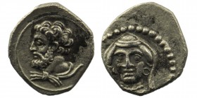 CILICIA. Uncertain mint. Ca. 4th century BC. AR Obol 
Obv: Veiled and draped bust of female facing, turned slightly left
Rev: Bare headed, bearded bus...