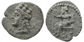 CILICIA, Nagidos. Circa 400-385/4 BC. AR Obol 
Baal seated left, holding lotus-tipped scepter / Turreted head of Aphrodite right. 
Göktürk 5; SNG BN –...