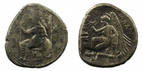 CILICIA, Mallos. Circa 370 BC. AR Stater
Athena seated left, holding spear and resting left elbow on shield
Rev: MAL, Nike kneeling left inscribing th...