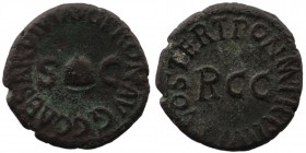 CALIGULA, 37-41 AD. AE Quadrans of 39 AD. 
Pileus between SC 
Rev: Large R C C. 
RIC.52
3,39 gr. 17 mm
