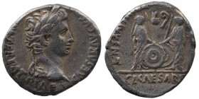 Augustus (27 BC-AD 14). AR Denarius. Lugdunum
laureate head of Augustus right 
Rev: Gaius and Lucius Caesars, togate, standing facing, each supporting...