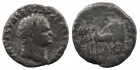 Titus (Caesar, 69-79). AR Denarius. Rome, AD 79. 
Laureate head right 
Rev: Slow quadriga left drawing garlanded cart containing flower. 
RIC II 1073 ...