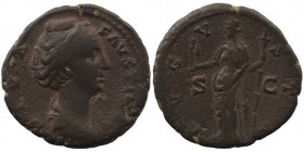 Diva Faustina I. Died A.D. 140/1. AE As or Dupondius
Rome mint
DIVA FAVSTINA, draped bust right 
Rev: AVGVSTA, S-C, Vesta standing left, holding palla...