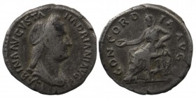 Sabina. Augusta, AD 128-136/7. AR Denarius Rome mint. Struck under Hadrian, circa AD 130-133. 
Diademed and draped bust right, with queue and stephane...