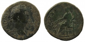 Antoninus Pius AD 138-161. Rome. Sestertius AE
laureate head righ
Rev: Annona seated left, holding grain-ears and cornucopia, modius at feet.
RIC 891;...