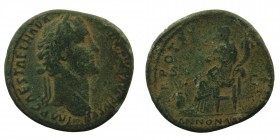 Antoninus Pius AD 138-161. Rome. Sestertius AE
laureate head right
Rev: Annona seated left, holding grain-ears and cornucopia, modius at feet.
RIC 891...
