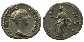 Faustina II (daughter of A. Pius) AR Denarius. Rome, AD 147-150.
Obv: FAVSTINAE AVG PII AVG FIL, draped bust right, with strings of pearls in hair.
Re...