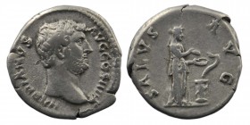 Hadrian, 117-138. Denarius .Rome, circa 135. AR
Obv: HADRIANVS AVG COS III P P Laureate head of Hadrian to right. 
Rev. SALVS AVG Salus standing right...