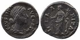 Faustina II (wife of M. Aurelius) AR Denarius. Rome, AD 176. 
FAVSTINA AVGVSTA, draped bust right
Rev: HILARITAS, Hilaritas standing left, holding pal...