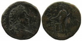 Marcus Aurelius. A.D. 161-180. AE sestertius
laureate head right.
Rev: Salus standing left, feeding snake twined round altar
RIC 964; C. 544; BMC 1351...