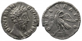 Divus Marcus Aurelius, died 180. Denarius . Rome, struck under Commodus, circa 180. AR
Obv: DIVVS M ANTONINVS PIVS Bare head of Divus Marcus Aurelius ...