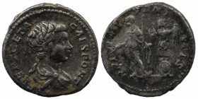 Geta, as Caesar, AR Denarius. Rome, AD 200-202. 
 P SEPT GETA CAES PONT, bare-headed and draped bust right
Rev: PRINC IVVENTVTIS, Geta standing left, ...