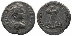 Caracalla AR Denarius. Rome, AD 201. 
Laureate and draped bust right
Rev: two captives, with hands bound behind them, seated back to back at base of t...