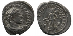 Elagabalus AR Denarius. Rome, AD 218-222. 
Obv: IMP ANTONINVS PIVS AVG, laureate and draped bust right 
Rev: VICTORIA AVG, Victory flying left, holdin...