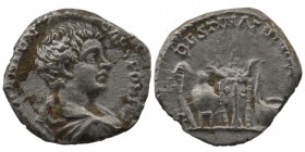 Caracalla as Caesar; 195-198 AD, Denarius, Rome, AR
Bust, bare, draped and cuirassed, right
Rev: Lituus, axe, jug, simpulum, sprinkler
BMC 193; Coh. 5...