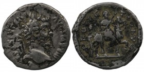 Septimius Severus. AD 193-211. AR Denarius Laodicea mint. Struck AD 197. 
Laureate head right
Rev: Septimius Severus on horseback walking right, holdi...