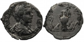 Caracalla, as Caesar, AR Denarius. Rome, AD 196
bare-headed, draped bust of Caracalla right 
Rev: priestly implements: lituus, knife, patera, jug, sim...