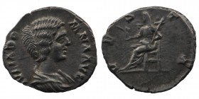 Julia Domna. Augusta, AD 193-217. AR Denarius Rome mint. 
Struck under Septimius Severus, circa AD 193-196. 
Obv: Draped bust right
Rev: Vesta seated ...