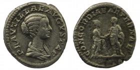 Plautilla (wife of Caracalla) AR Denarius. Rome, AD 202. 
Obv: PLAVTILLAE AVGVSTAE, draped bust right.
Rev: CONCORDIAE AETERNAE, Plautilla and Caracal...