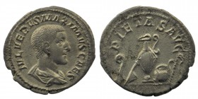 Maximus, as Caesar, AR Denarius. Rome, AD 235-236. 
Obv: IVL VERVS MAXIMVS CAES, draped bust right.
Rev: PIETAS AVG, Priestly emblems, sacrificial imp...