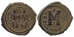 Justin II. 565-578. AE Follis Theoupolis (Antioch) mint Dated RY 10
Justin and Sophia, each holding a scepter, seated facing on double throne, both ni...