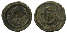 JUSTINIAN I (527-565). Pentanummium. Constantinople. AE
Obv: D N IVSTINIANVS P P AVG.
Diademed, draped and cuirassed bust right.
Rev: Large Є; Δ to ri...