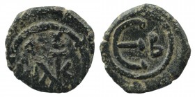 Justin II, 565-578. Pentanummium. Constantinopolis. AE
Monogram of Justin II. Rev. Large Є; in field to right, B. 
DOC 60b. MIB 45. SB 363. 
1,89 gr. ...