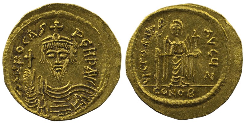 PHOCAS. 602-610 AD. Constantinople . AV Solidus 
oN FOCAS PER P AVC, short-beard...