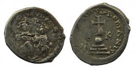Heraclius with Heraclius Constantine.610-641 AD.Constantinople. AR hexagram
Heraclius and Heraclius Constantine seated facing on double throne, both h...
