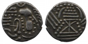 INDIA, Post-Gupta (Chaulukya-Paramara). Circa AD 950-1050. AR Drachm 
Obv: Indo-Sasanian style bust right; pellets and ornaments around.
Rev: Stylised...