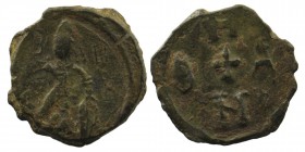 CRUSADERS. Edessa. Baldwin II. Second reign, 1108-1118.AE Follis 
 B/Δ-H/N Baldwin II, wearing armor and conical helmet, standing facing, holding long...