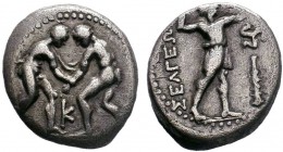 Pisidia, Selge (c.300-190 BC), Silver Stater, two wrestlers grappling, K below, rev ΣEΛΓEΩN , slinger standing right, preparing to fire a shot, triske...