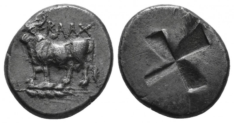Kalchedon, Bithynia. AR c. 386-340 BC.
Obv. KAΛX, bull standing left on ear of c...