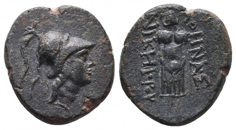 Pergamon , Mysia. AE BC. c. 200-133.
Obv. Helmeted head of Athena right.
Rv. ΑΘΗ...