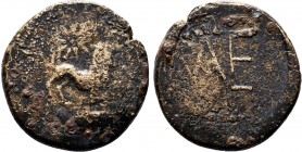 KINGS OF BOSPOROS. Polemo I (Circa 37-8 BC). AE. Pantikapaion.Obv: Lion springing right; star above.Rev: Monogram of Polemo.MacDonald 230; HGC 7, 348....