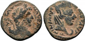 MESOPOTAMIA. Carrhae. Caracalla (198-217 AD). AE Bronze. M AVR ANTONINV F VA. Laureate head right / COI MET ANTONINIAN Δ AVG. Veiled head of Tyche rig...