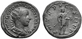 Gordian III AR. Antoninianus, Rome, AD 241-243. IMP GORDIANVS PIVS FEL AVG, radiate, draped and cuirassed bust of Gordian III to right / P M TR P V CO...