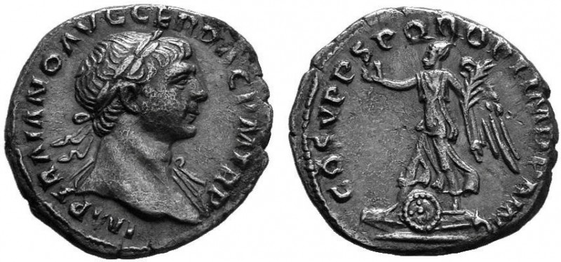 Trajan. A.D. 98-117. AR denarius. Rome mint, struck A.D. 107-108. IMP TRAIANO AV...
