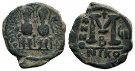 Justin II , with Sophia (565-578 AD). AE Follis
Condition: Very Fine

Weight: 15.00 gr 
Diameter: 31 mm